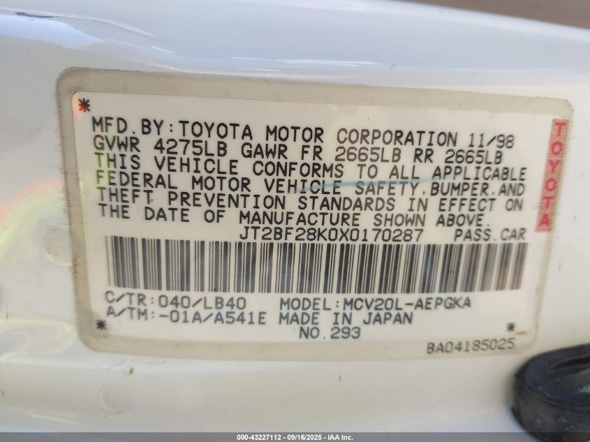 1999 Toyota Camry Xle V6 VIN: JT2BF28K0X0170287 Lot: 43227112