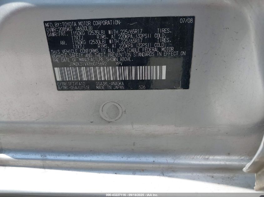 2008 Toyota Rav4 Limited V6 VIN: JTMZK31VX86015692 Lot: 43227116