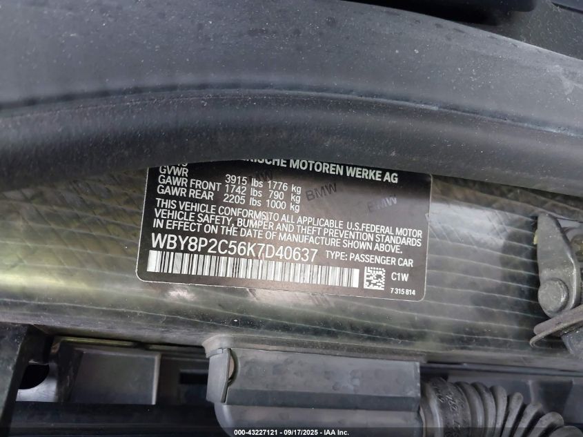 2019 BMW I3 120Ah VIN: WBY8P2C56K7D40637 Lot: 43227121