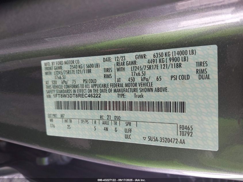 2024 Ford F-350 Xlt VIN: 1FT8W3DT8REC46222 Lot: 43227122