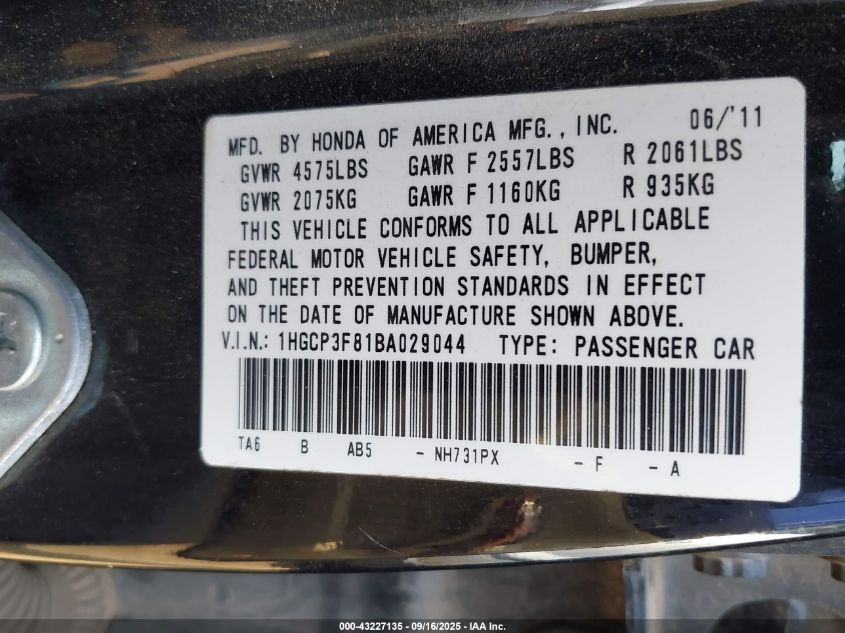 2011 Honda Accord 3.5 Ex-L VIN: 1HGCP3F81BA029044 Lot: 43227135