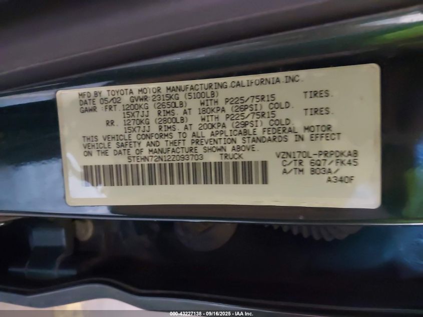 2002 Toyota Tacoma Base V6 VIN: 5TEHN72N12Z093703 Lot: 43227138