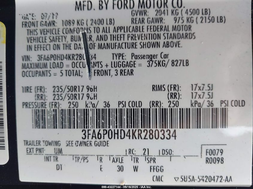 2019 Ford Fusion Se VIN: 3FA6P0HD4KR280334 Lot: 43227144