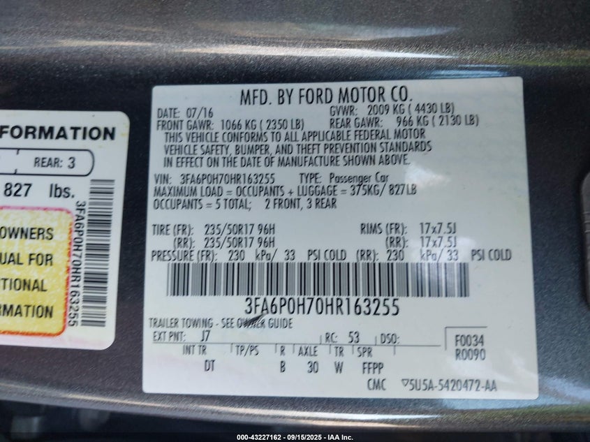 2017 Ford Fusion Se VIN: 3FA6P0H70HR163255 Lot: 43227162