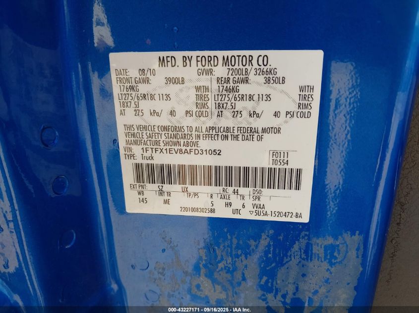 2010 Ford F-150 Fx4/Lariat/Xl/Xlt VIN: 1FTFX1EV8AFD31052 Lot: 43227171