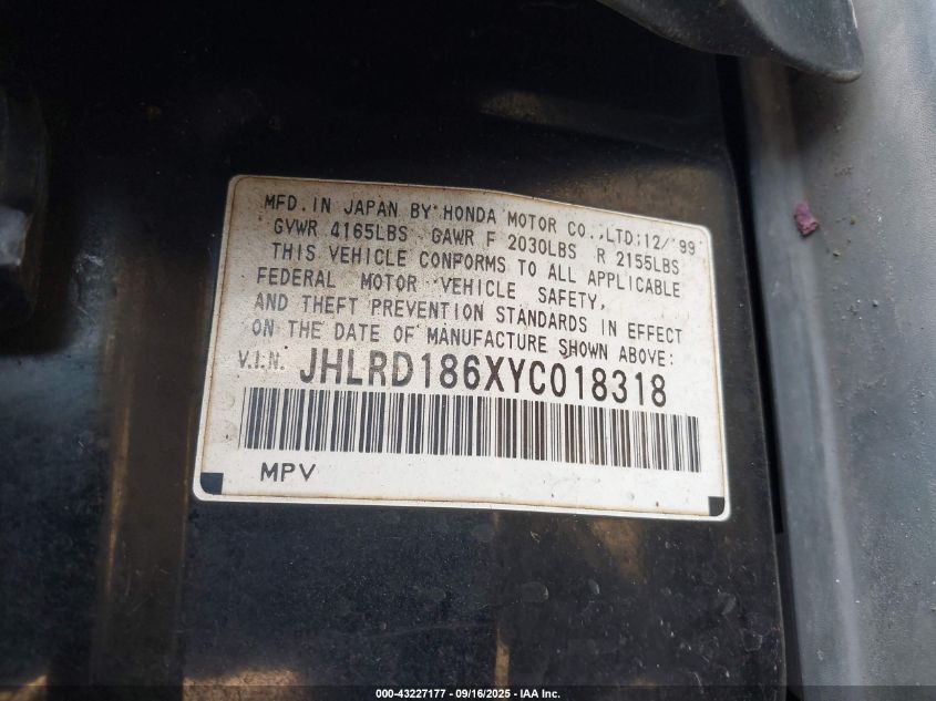 2000 Honda Cr-V Ex VIN: JHLRD186XYC018318 Lot: 43227177