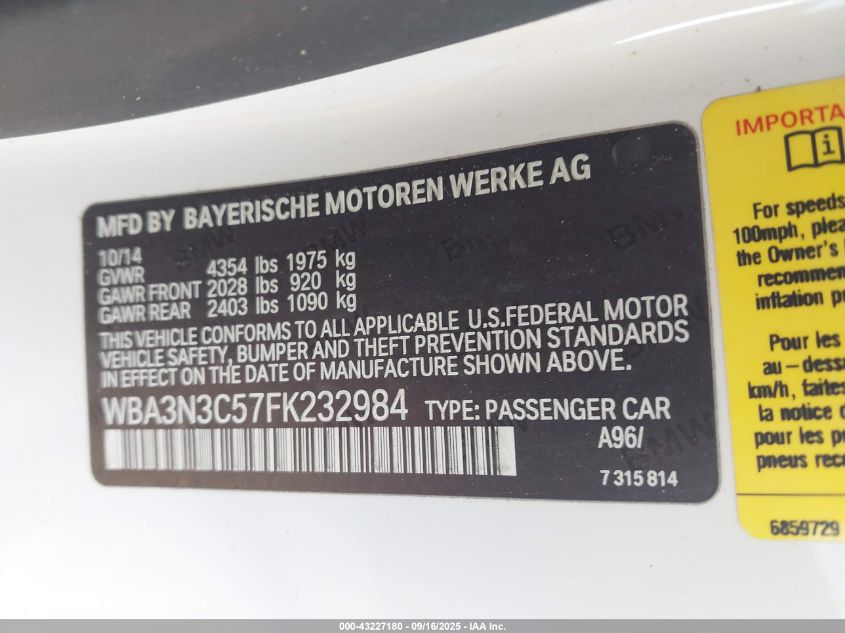 2015 BMW 428I VIN: WBA3N3C57FK232984 Lot: 43227180