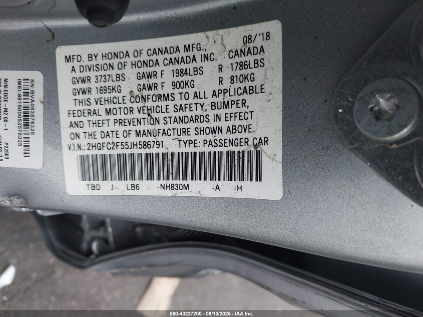 2018 Honda Civic 2.0 Lx Other Lot 111043227200 Vin 2HGFC2F55JH586791