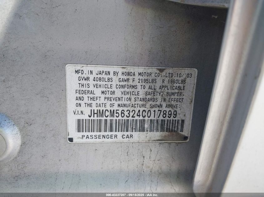 2004 Honda Accord 2.4 Lx VIN: JHMCM56324C017899 Lot: 43227207