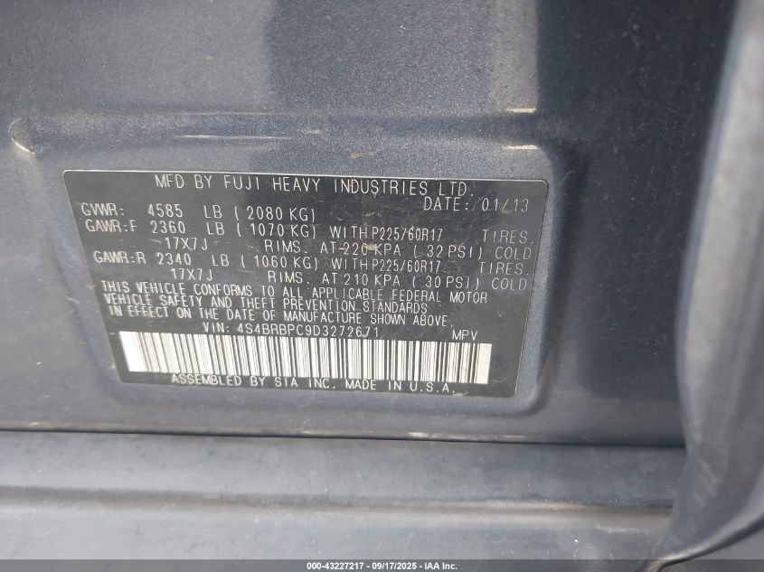 2013 Subaru Outback 2.5I Limited VIN: 4S4BRBPC9D3272671 Lot: 43227217