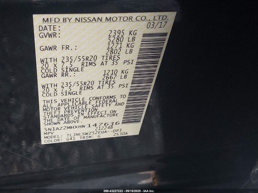 2017 Nissan Murano Platinum VIN: 5N1AZ2MHXHN147636 Lot: 43227222