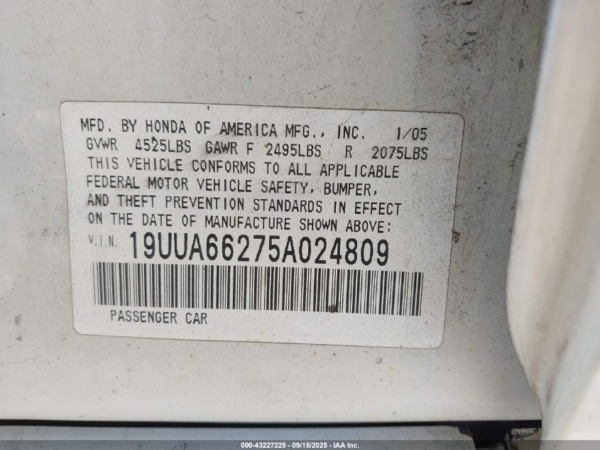2005 Acura Tl VIN: 19UUA66275A024809 Lot: 43227225