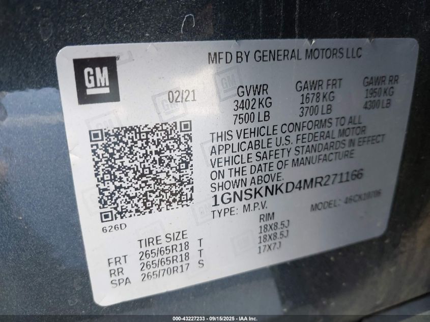 2021 Chevrolet Tahoe 4Wd Lt VIN: 1GNSKNKD4MR271166 Lot: 43227233