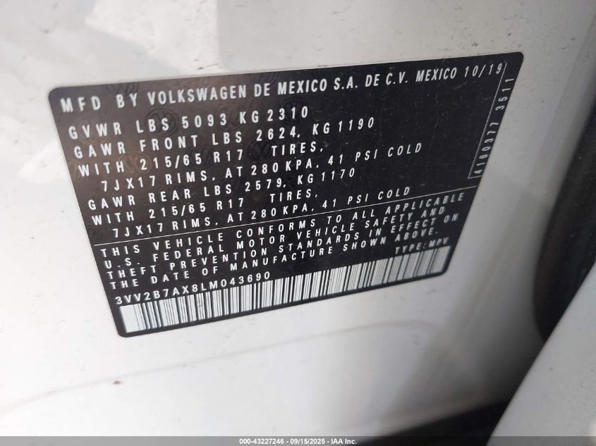 2020 Volkswagen Tiguan 2.0T Se/2.0T Se R-Line Black/2.0T Sel VIN: 3VV2B7AX8LM043690 Lot: 43227246