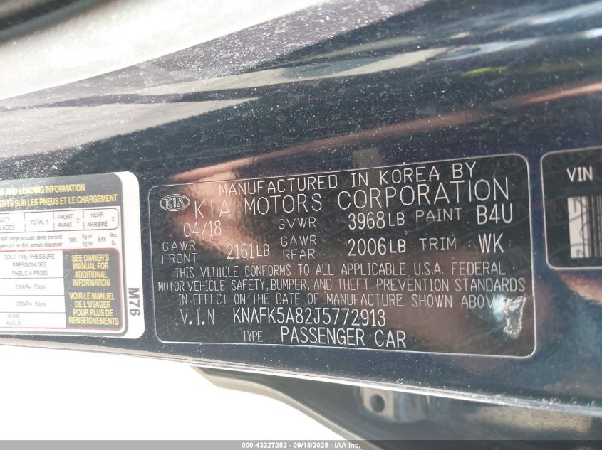 2018 Kia Forte Lx VIN: KNAFK5A82J5772913 Lot: 43227252