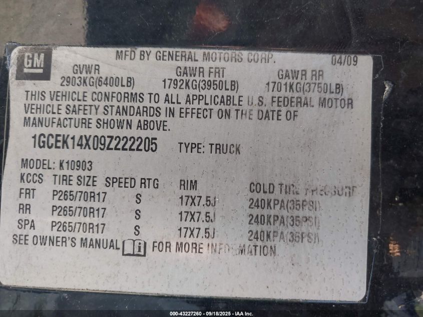 2009 Chevrolet Silverado 1500 Work Truck VIN: 1GCEK14X09Z222205 Lot: 43227260