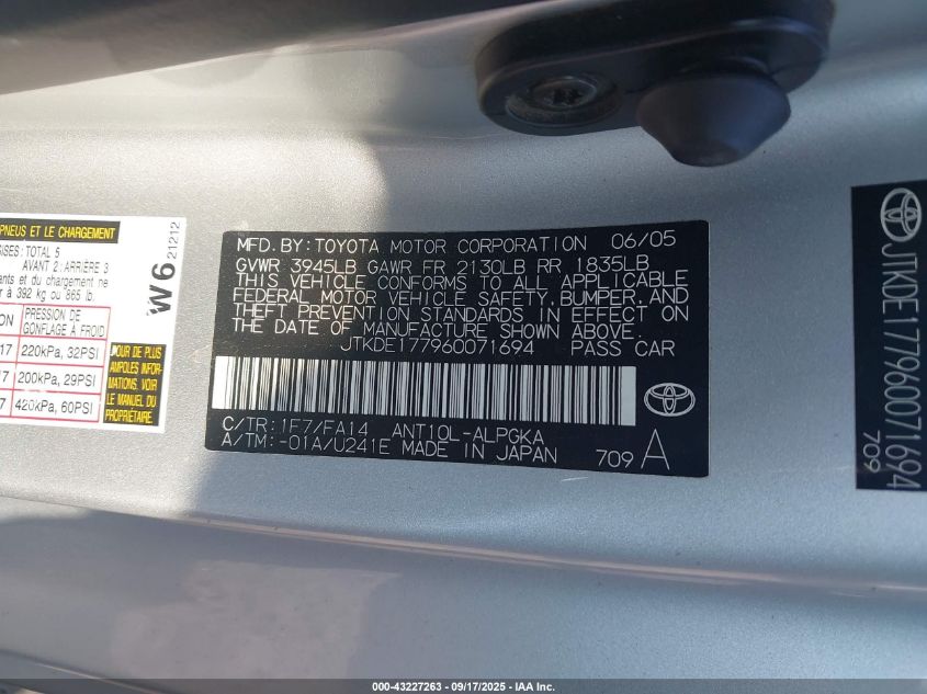 2006 Scion Tc VIN: JTKDE177960071694 Lot: 43227263