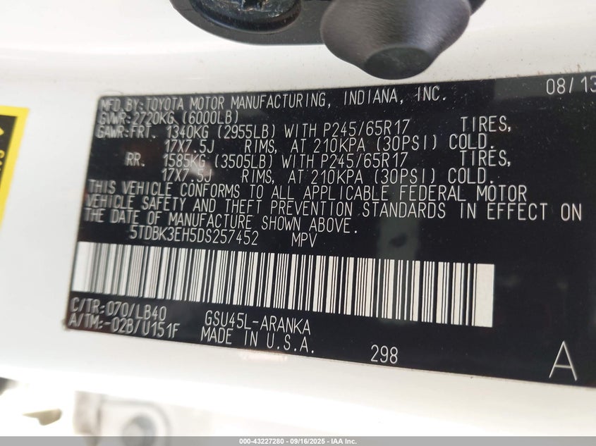 2013 TOYOTA HIGHLANDER SE V6 5TDBK3EH5DS257452