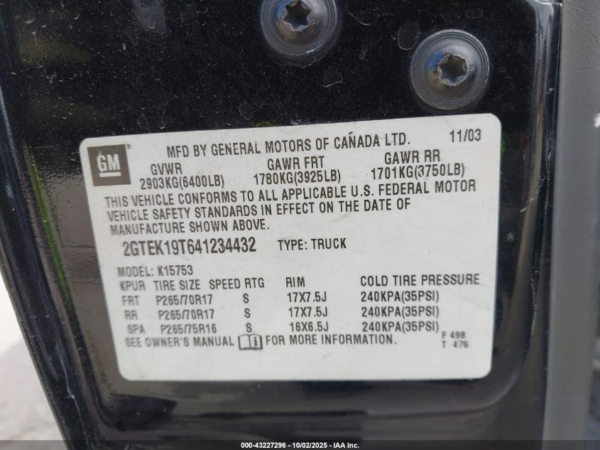 2004 GMC Sierra 1500 Slt VIN: 2GTEK19T641234432 Lot: 43227296