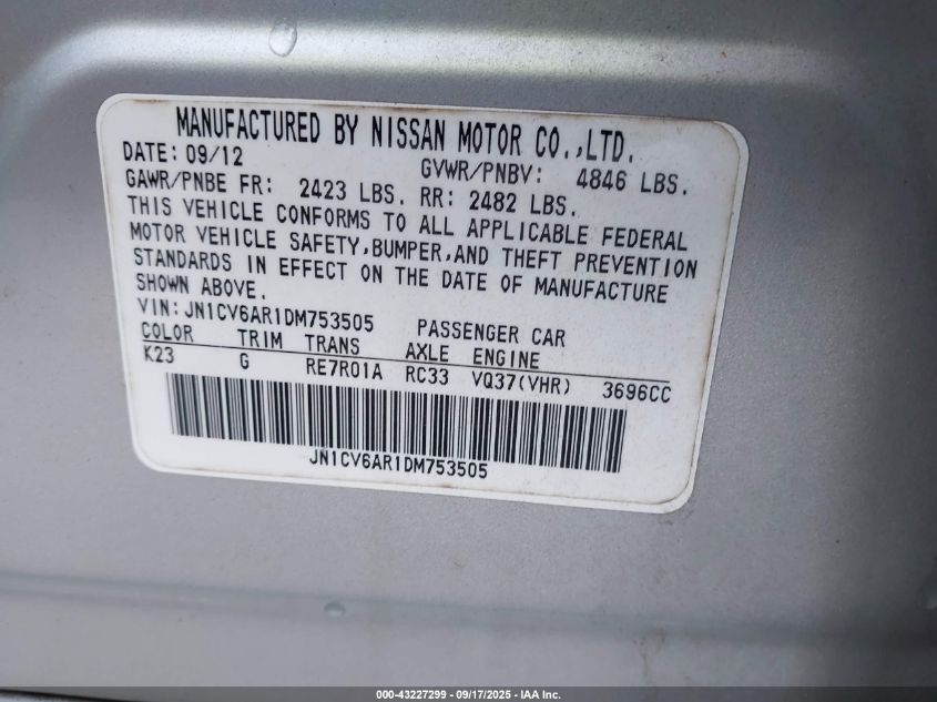 2013 Infiniti G37X VIN: JN1CV6AR1DM753505 Lot: 43227299