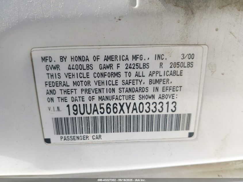 2000 Acura Tl 3.2 VIN: 19UUA566XYA033313 Lot: 43227302