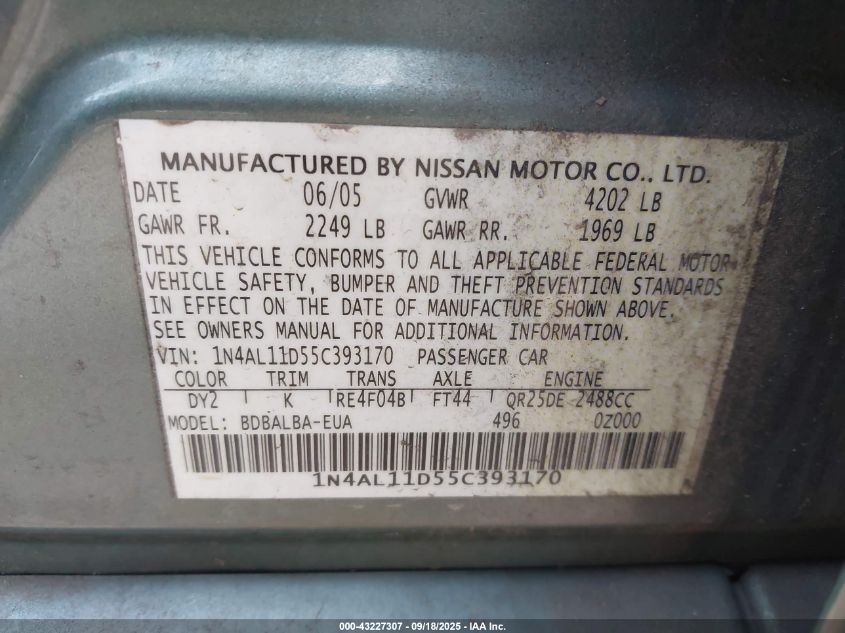 2005 Nissan Altima 2.5 S VIN: 1N4AL11D55C393170 Lot: 43227307