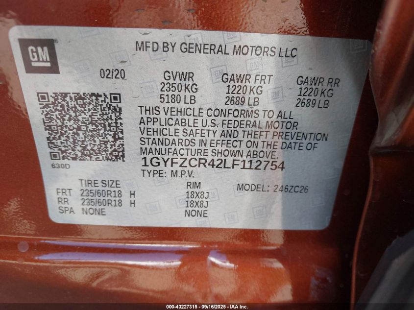 2020 Cadillac Xt4 Fwd Premium Luxury VIN: 1GYFZCR42LF112754 Lot: 43227315