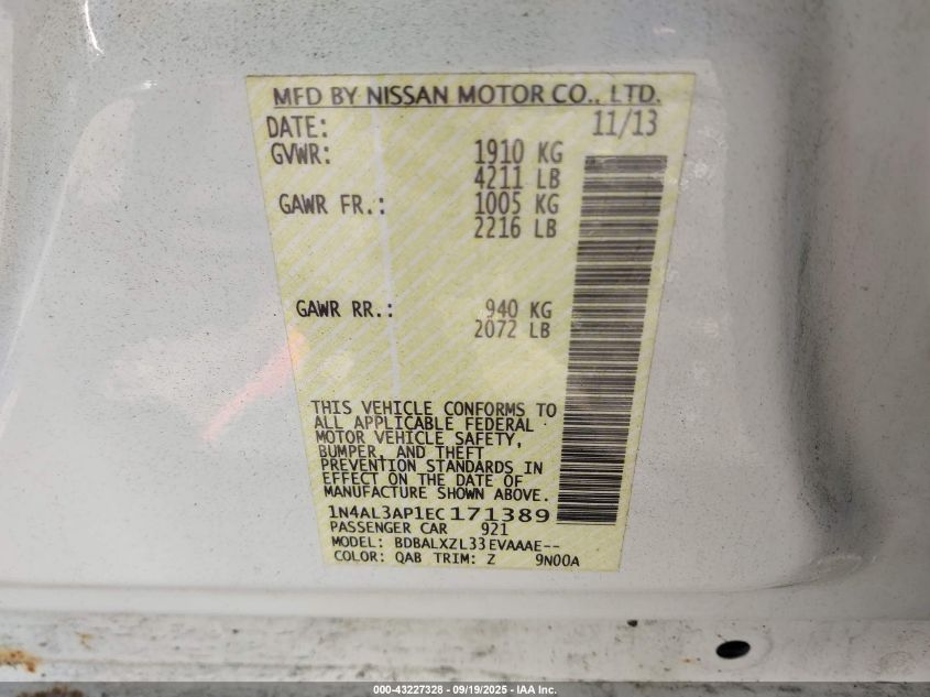 2014 Nissan Altima 2.5 Sl VIN: 1N4AL3AP1EC171389 Lot: 43227328