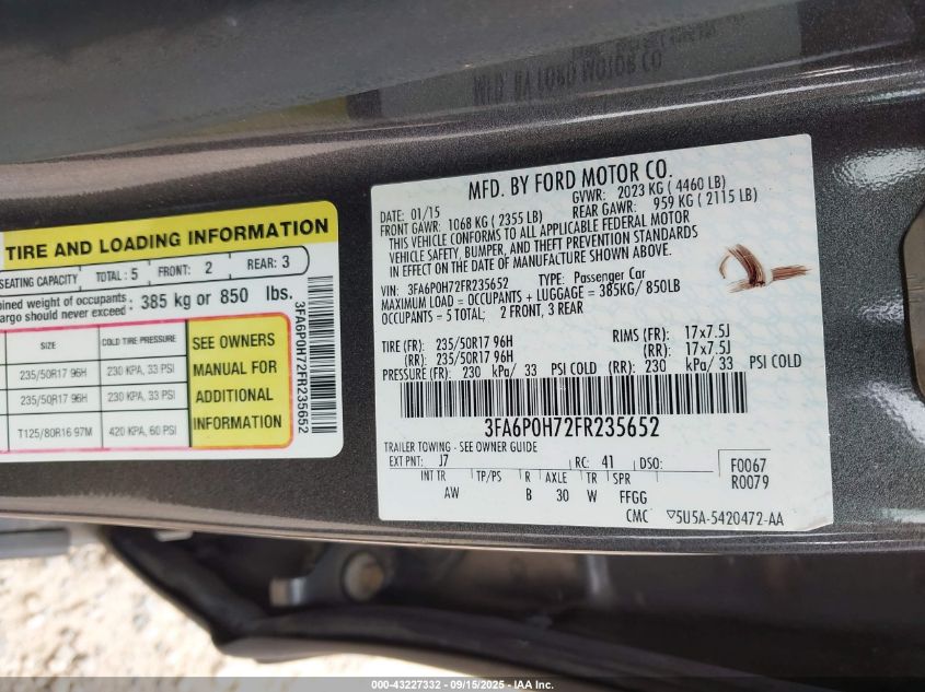 2015 Ford Fusion Se VIN: 3FA6P0H72FR235652 Lot: 43227332