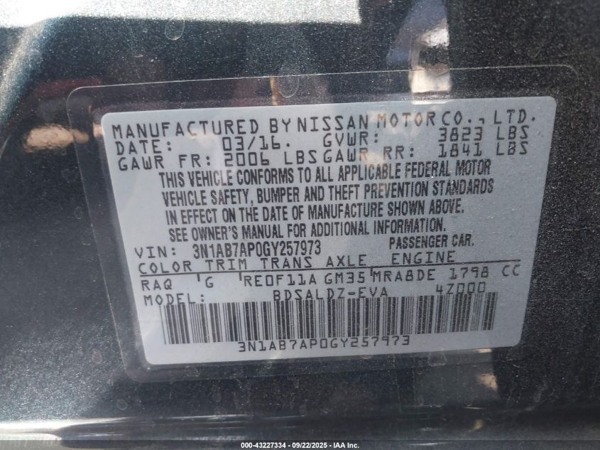 2016 Nissan Sentra Sv VIN: 3N1AB7AP0GY257973 Lot: 43227334