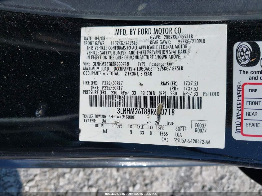 2008 Lincoln Mkz VIN: 3LNHM26T88R660718 Lot: 43227335