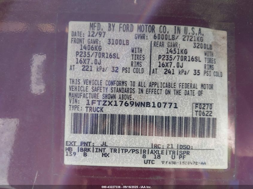 1998 Ford F-150 Lariat/Standard/Xl/Xlt VIN: 1FTZX1769WNB10771 Lot: 43227336