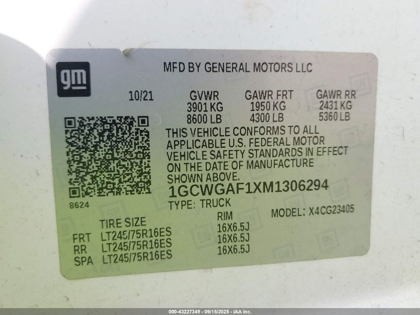 2021 Chevrolet Express Cargo Rwd 2500 Regular Wheelbase Wt VIN: 1GCWGAF1XM1306294 Lot: 43227349