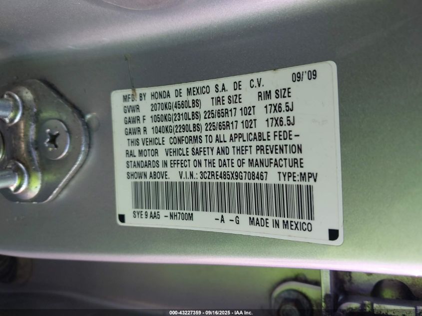 2009 Honda Cr-V Ex VIN: 3CZRE485X9G708467 Lot: 43227359