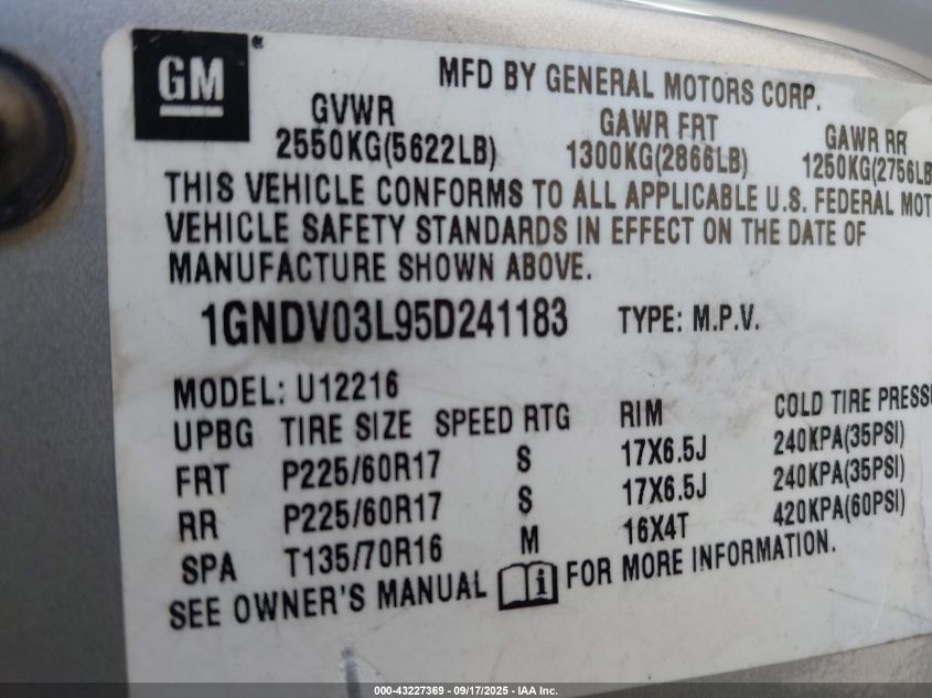 2005 Chevrolet Uplander VIN: 1GNDV03L95D241183 Lot: 43227369