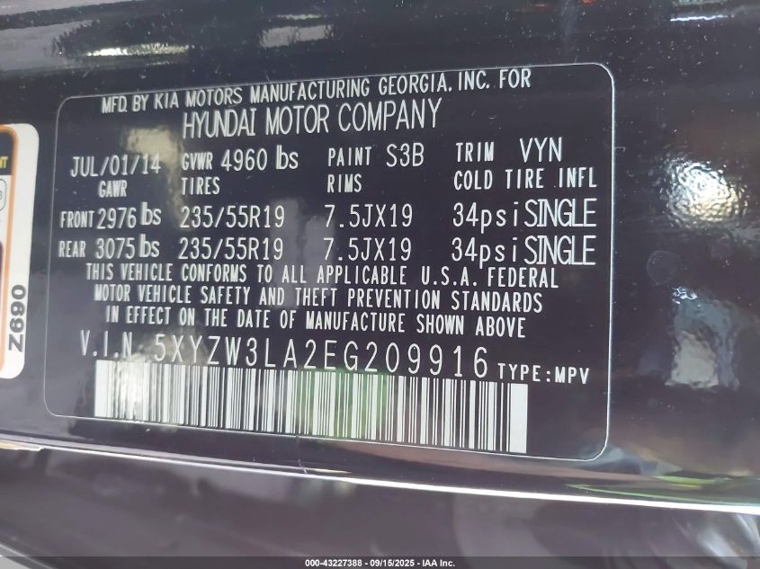 2014 Hyundai Santa Fe Sport 2.0L Turbo VIN: 5XYZW3LA2EG209916 Lot: 43227388