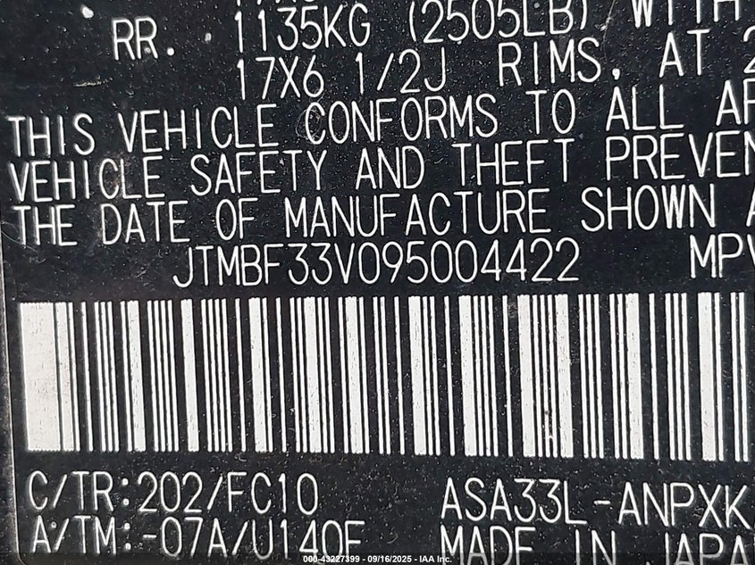 2009 Toyota Rav4 VIN: JTMBF33V095004422 Lot: 43227399