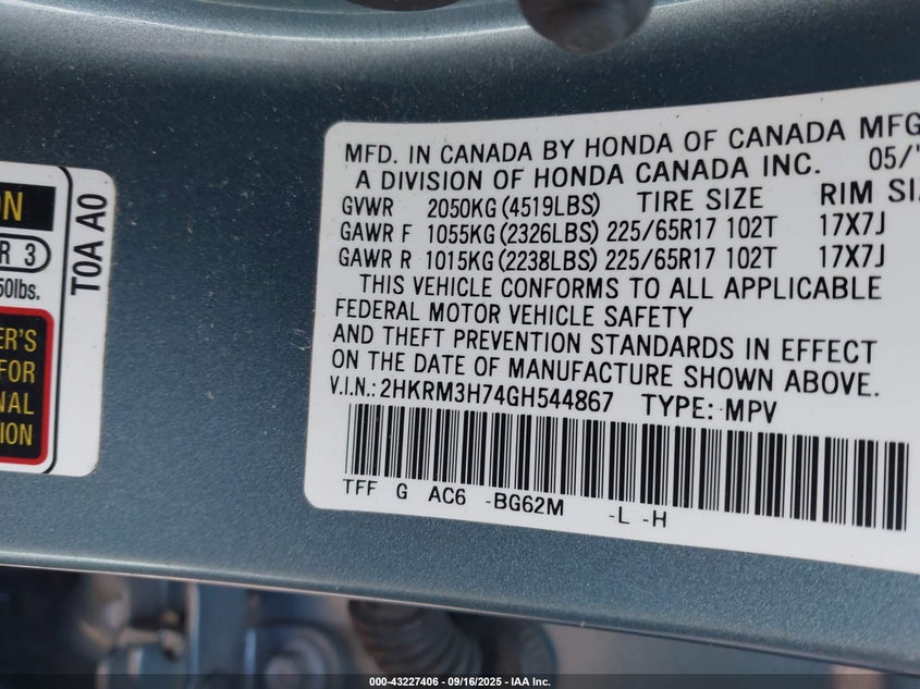 2016 HONDA CR-V EXL - 2HKRM3H74GH544867