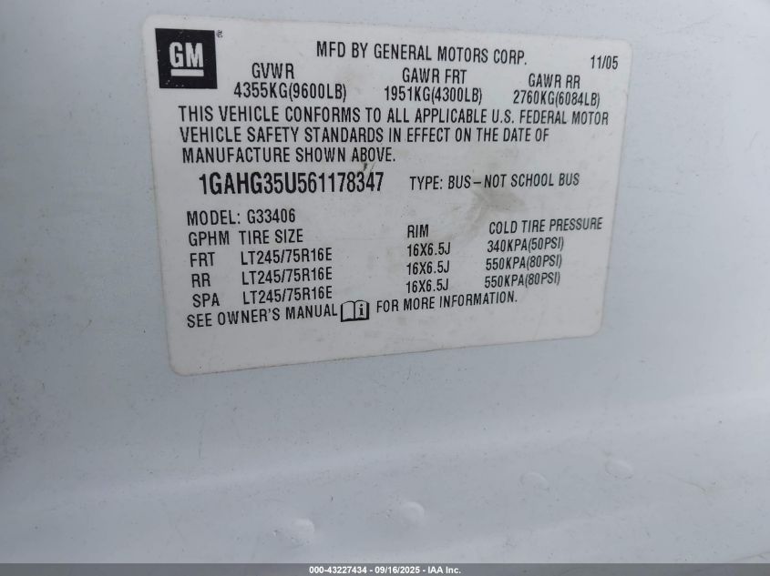 2006 Chevrolet Express Ls VIN: 1GAHG35U561178347 Lot: 43227434