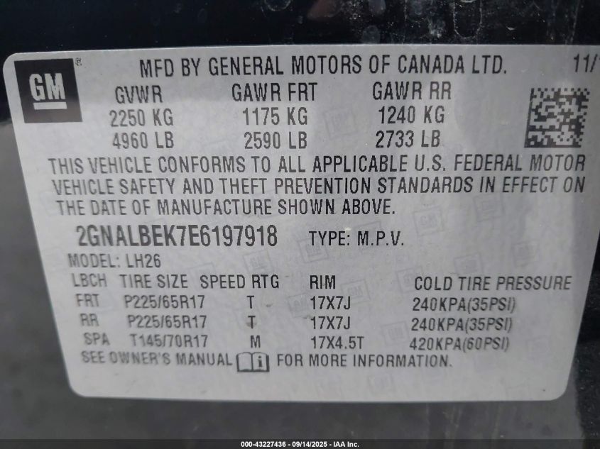 2014 Chevrolet Equinox 1Lt VIN: 2GNALBEK7E6197918 Lot: 43227436