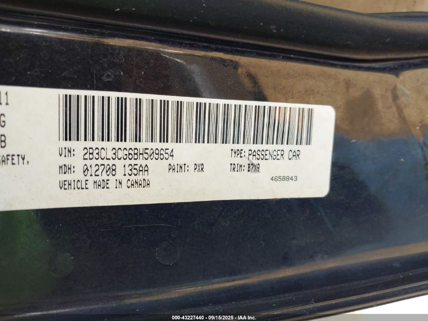 2011 Dodge Charger VIN: 2B3CL3CG6BH509654 Lot: 43227440