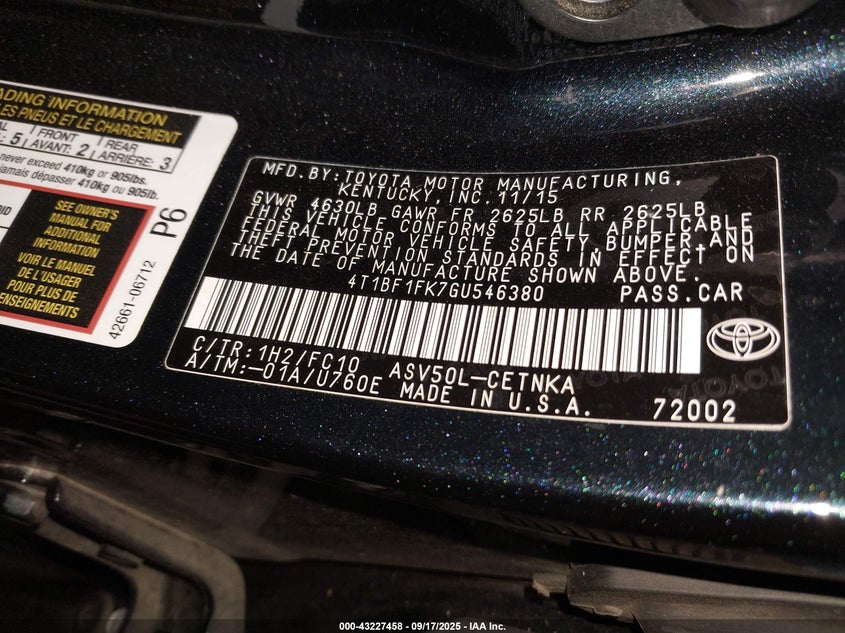 2016 Toyota Camry Le VIN: 4T1BF1FK7GU546380 Lot: 43227458