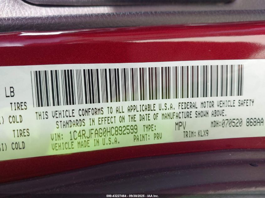 2017 Jeep Grand Cherokee Altitude 4X4 VIN: 1C4RJFAG0HC892599 Lot: 43227464