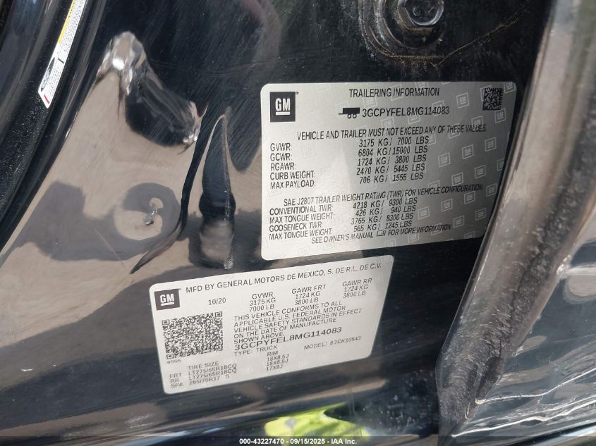 2021 Chevrolet Silverado 1500 4Wd Short Bed Lt Trail Boss VIN: 3GCPYFEL8MG114083 Lot: 43227470