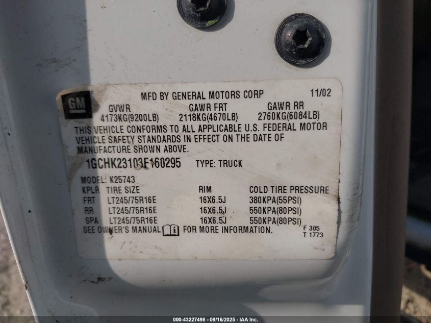 2003 Chevrolet Silverado 2500Hd Lt VIN: 1GCHK23103F160295 Lot: 43227498