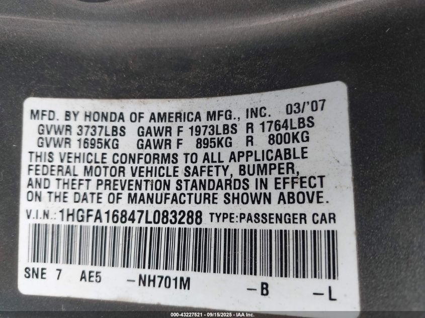 2007 Honda Civic Ex VIN: 1HGFA16847L083288 Lot: 43227521