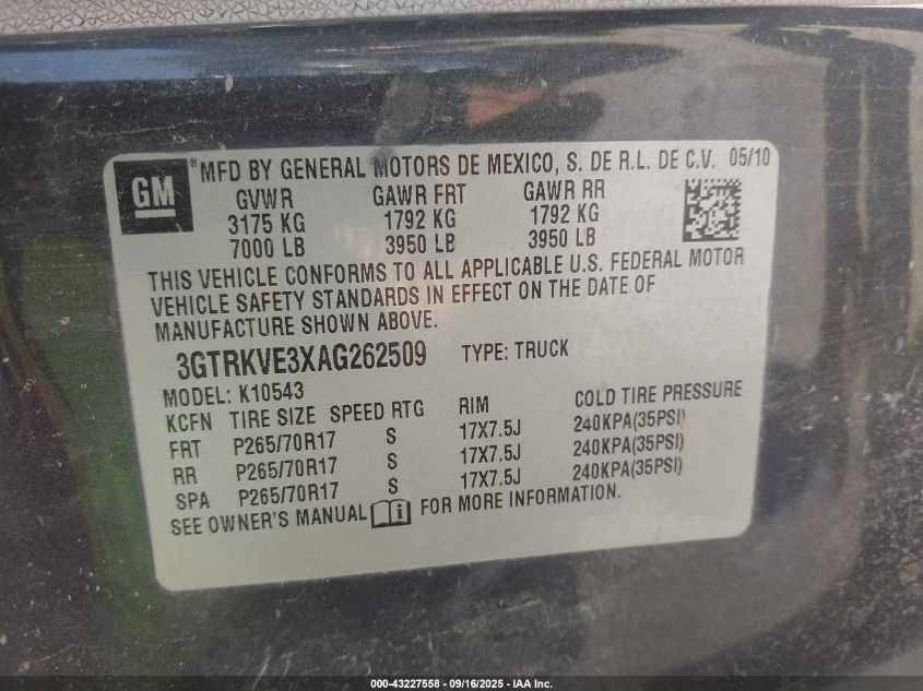 2010 GMC Sierra 1500 Sle VIN: 3GTRKVE3XAG262509 Lot: 43227558
