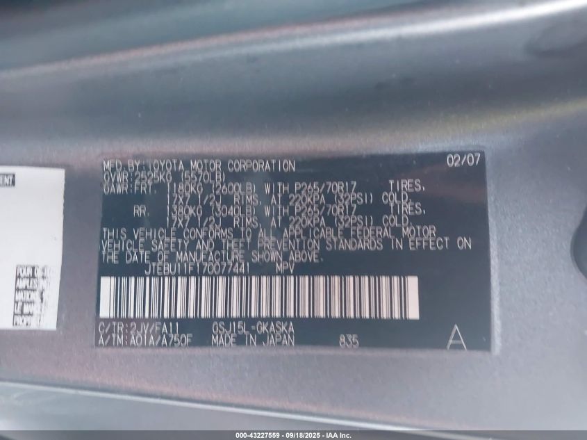 2007 Toyota Fj Cruiser VIN: JTEBU11F170077441 Lot: 43227559