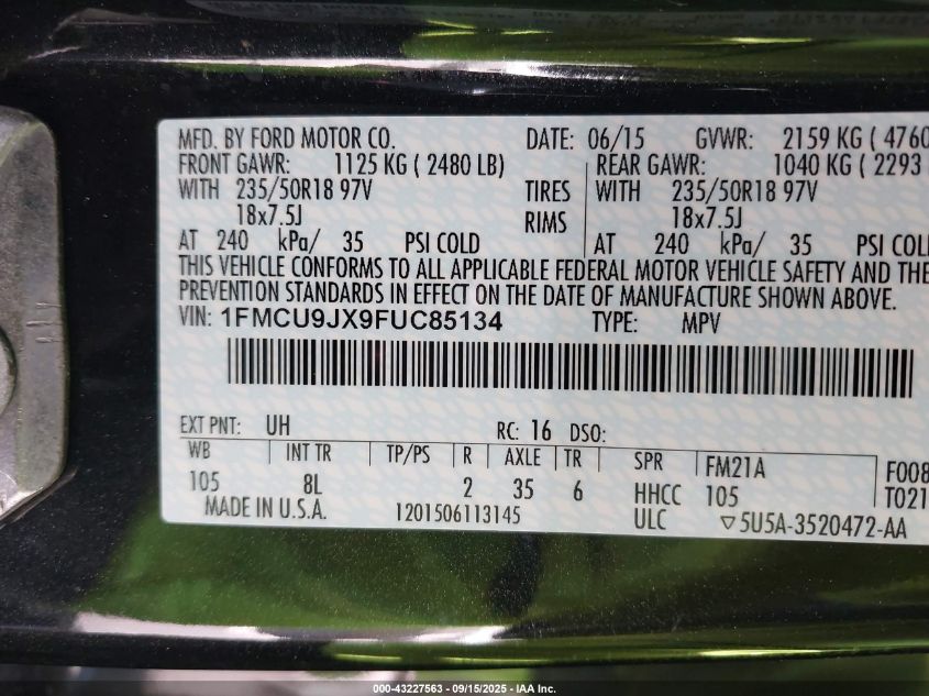 2015 Ford Escape Titanium VIN: 1FMCU9JX9FUC85134 Lot: 43227563