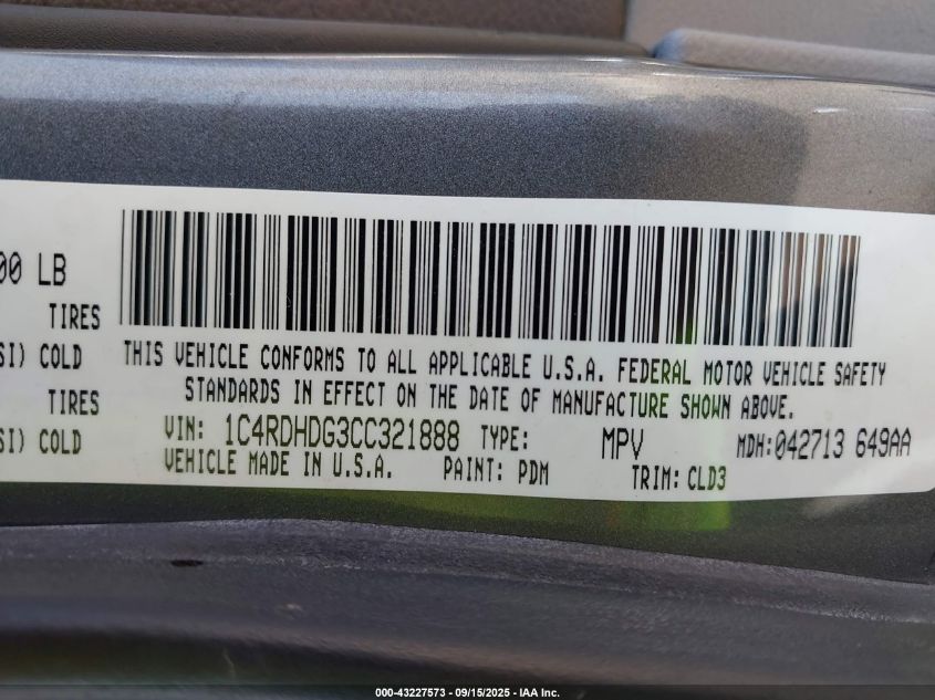 2012 Dodge Durango Crew VIN: 1C4RDHDG3CC321888 Lot: 43227573